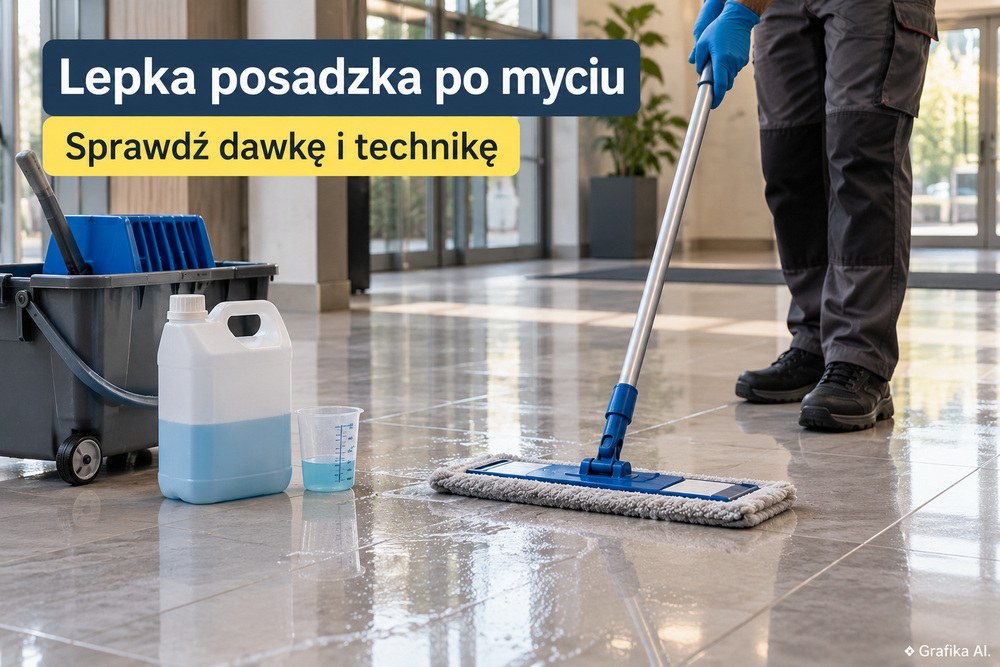 Mycie gresowej posadzki mopem z użyciem odmierzonego detergentu – grafika AI.
