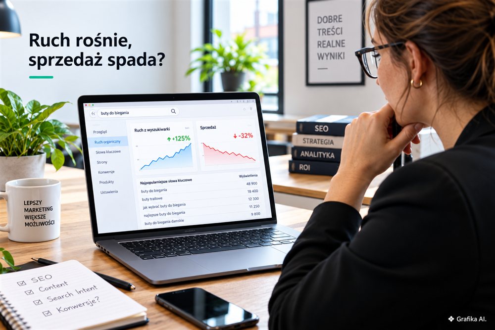 Ilustracja AI: analiza wzrostu ruchu z wyszukiwarki przy spadku sprzedaży.